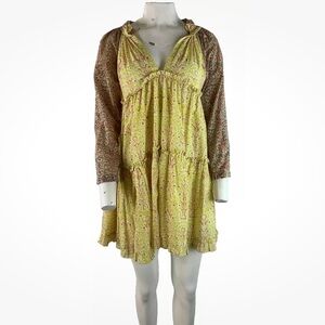 Charina Sarte Sz M Boho Swing Hem Shift Floral Dress Brown Yellow 100% Cotton